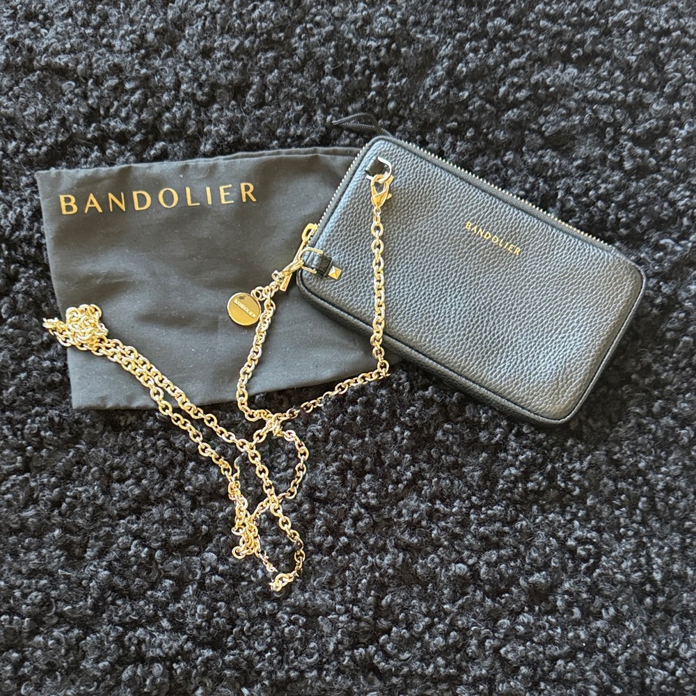 Bandolier Black Crossbody Bag with Gold Chain